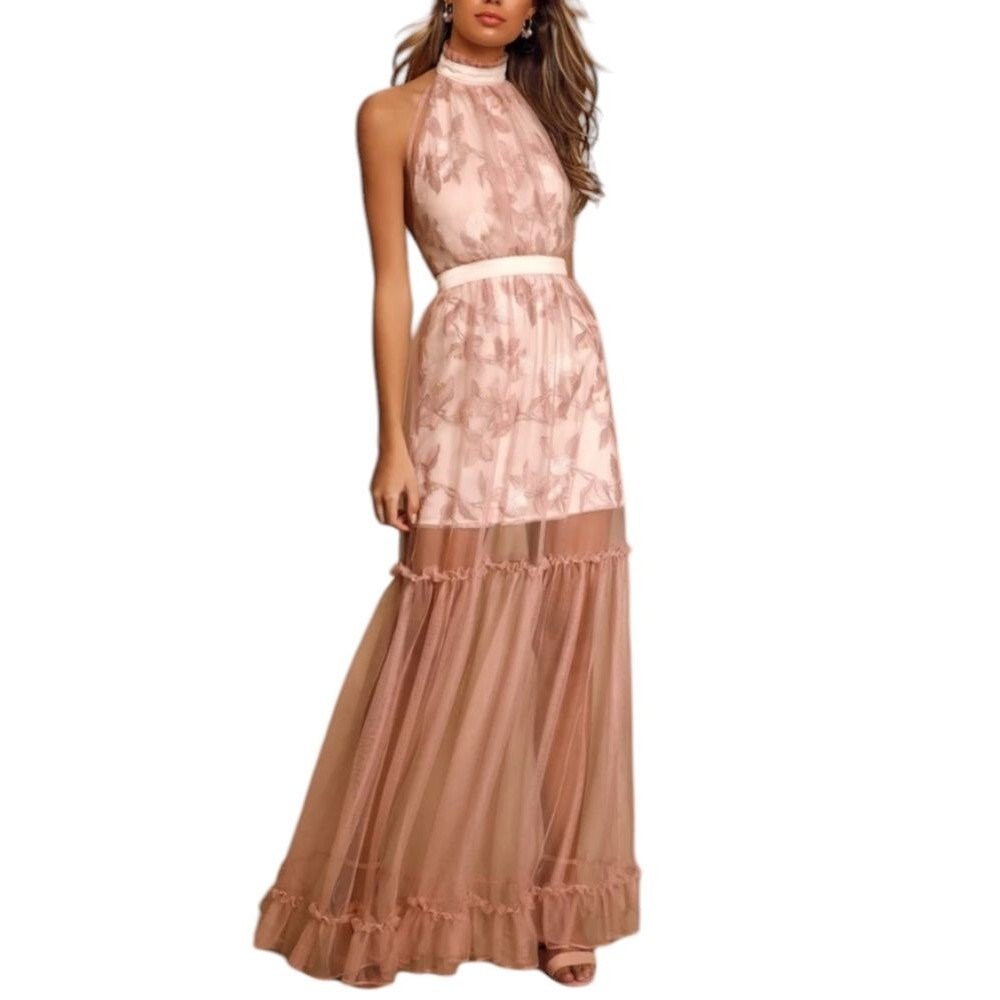 Lulus Bellevue The Label Darcey blush pink floral embroidered halter maxi dress
